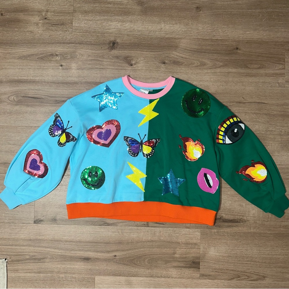NWT QUEEN OF SPARKLES Colorful Sequin Sweatshirt Top